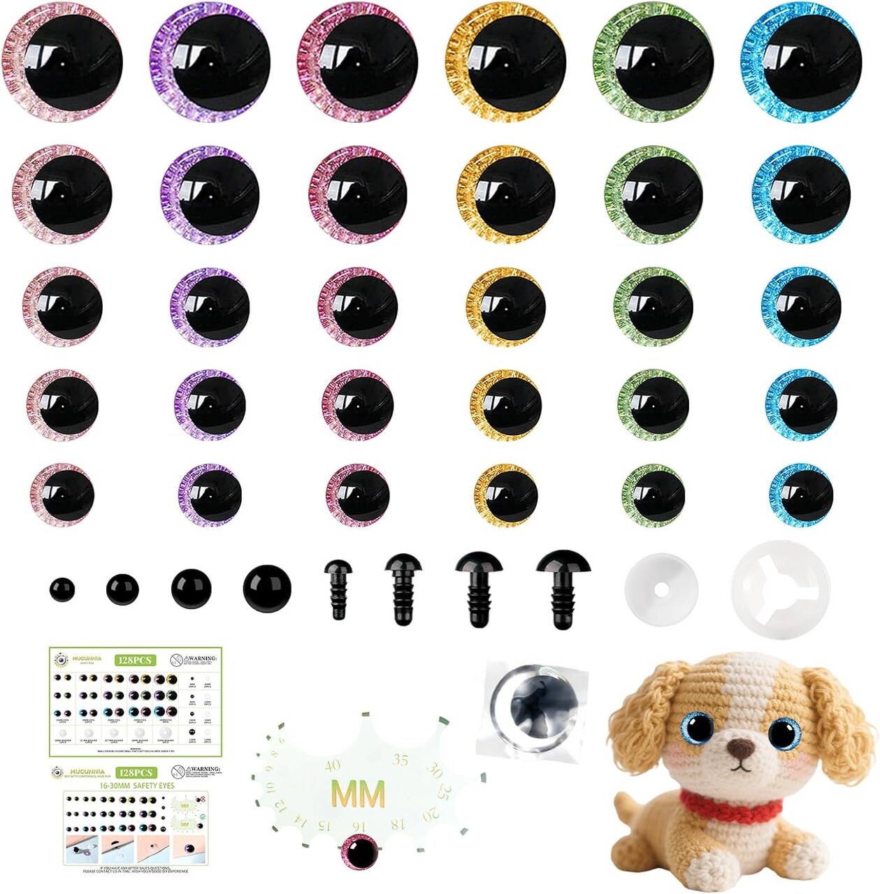 256pcs Glitter Moon Safety Eyes with Washers – 6–30mm Large Crochet Eyes for Amigurumi, Dolls, Plush Toys & DIY Crafts (Gift for Crochet Lovers, Christmas Decorations)